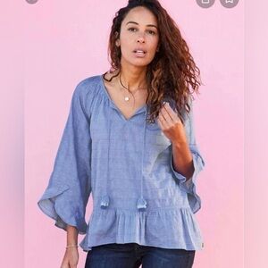 Matilda Jane Peasant Blouse Blue Chambray Peplum Ruffle Tassle Women Size Small